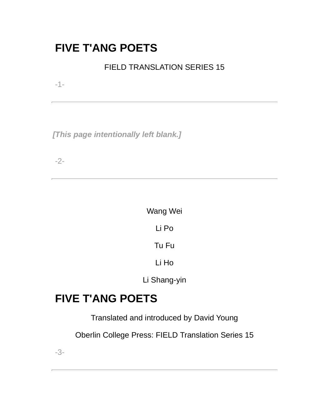 Cover of Five T ang Poets, trans David Young