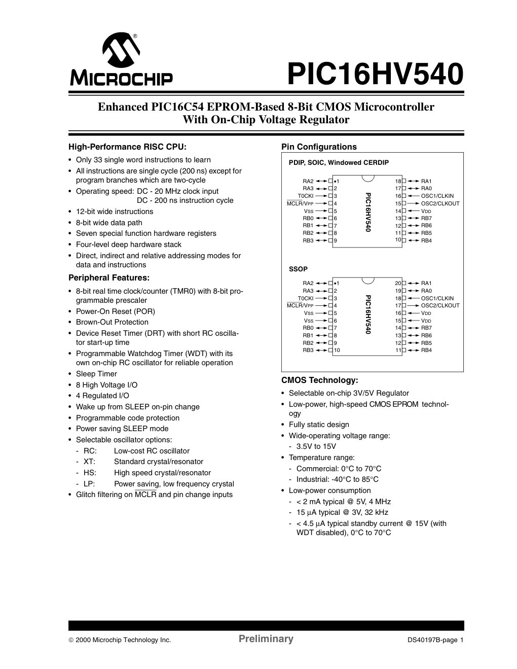 Cover of Enhanced PIC16C54 EPROM-Based 8-Bit CMOS Microcontroller With On-Chip Voltage Regulator