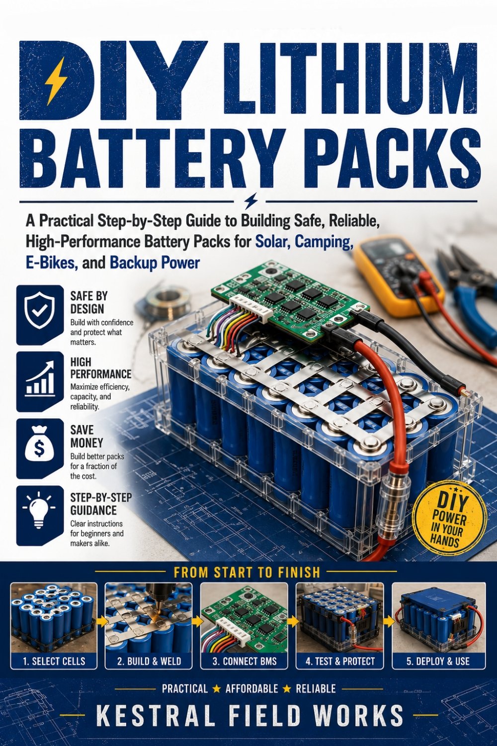 Cover of DIY Lithium Battery Packs: A Practical Step-by-Step Guide to Building Safe, Reliable, High-Performance Battery Packs for Solar, Camping, E-Bikes, and Backup Power
