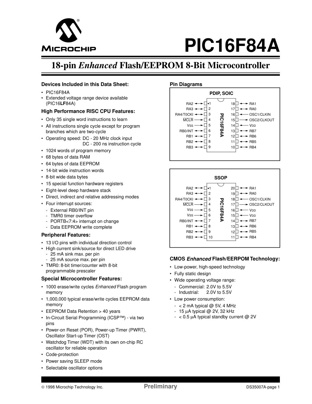 Cover of PIC16F84A 18-pin Enhanced Flash/EEPROM 8-Bit MCU Data Sheet