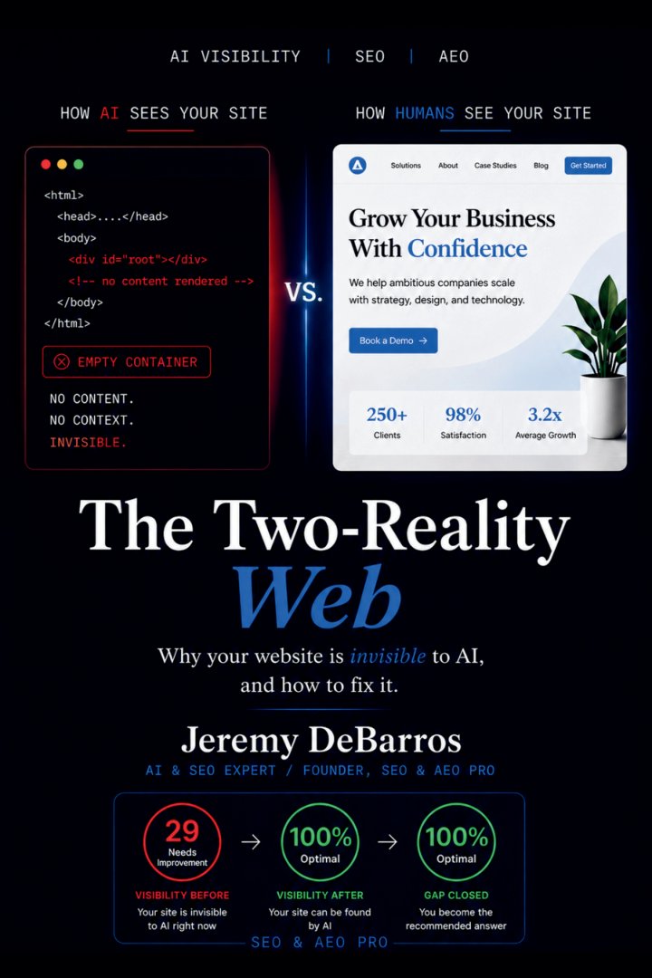 Cover of The Two-Reality Web: Why Your Website Is Invisible to Google, ChatGPT, and Perplexity (And the Five-Step Framework to Fix It Before Your Competitors Do)