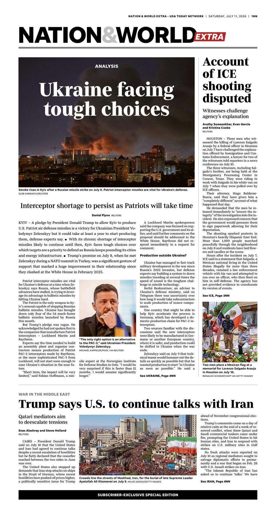 Cover of ANALYSIS Ukraine facing tough choices Smoke rises in Kyiv after a Russian missile strike on July patriot interceptor mis